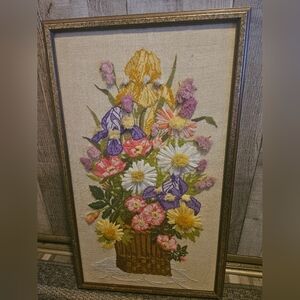Vintage Large Crewel Embroidery Flowers In Basket Framed In Wood Retro 19.5x29.5